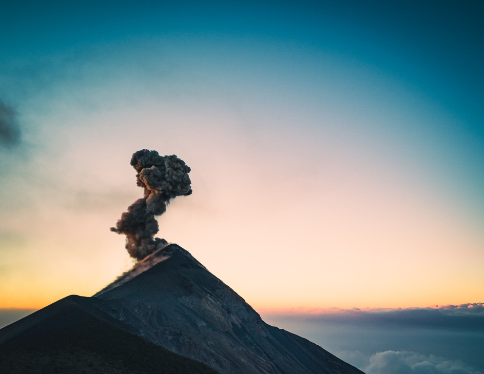 Eruption of Volcano of Fire in Antigua, Guatemala at Sunset